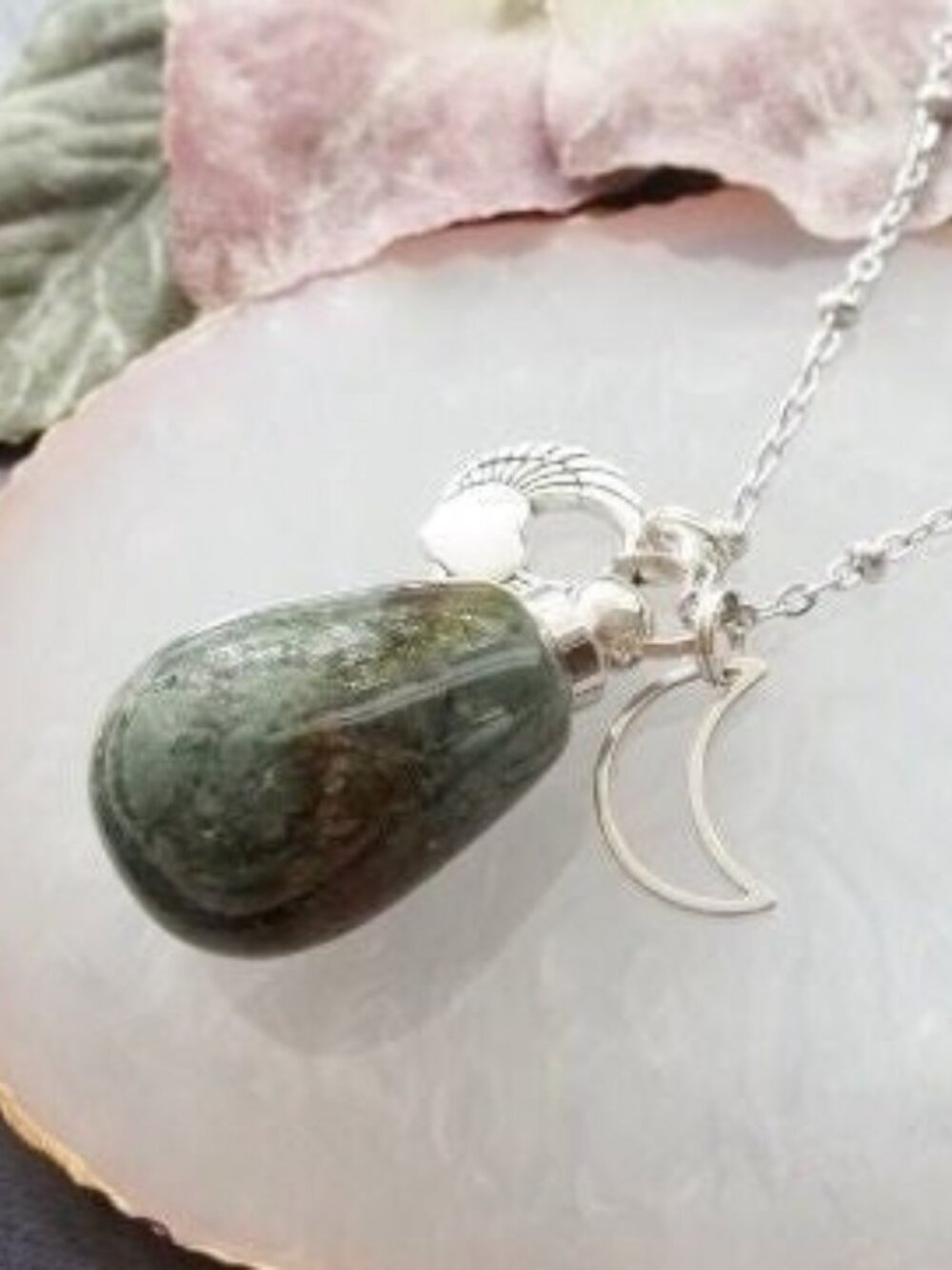 Agate Green Teal Stone Necklace Screw Cap Vial Perfume Locket Pendant
